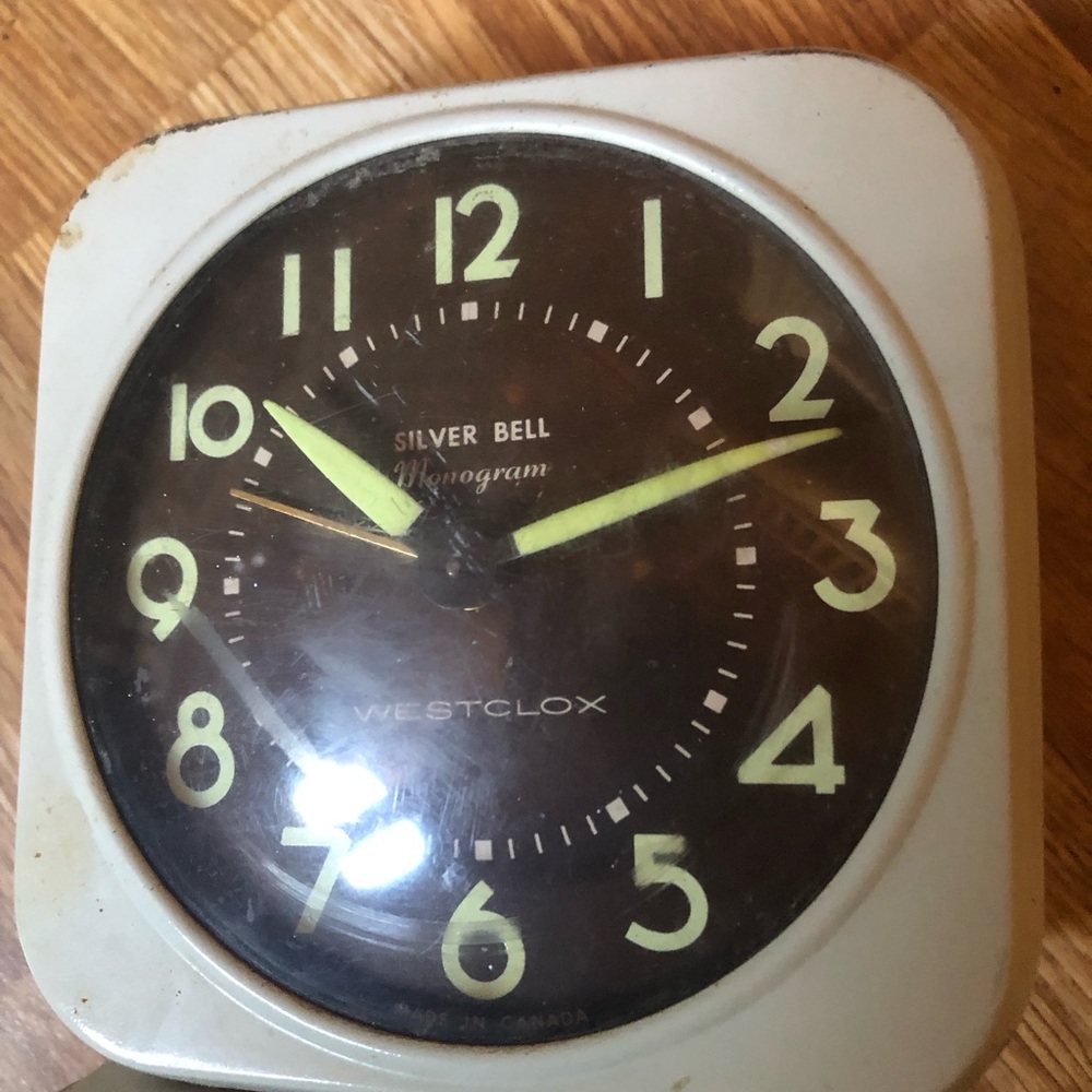 Vintage Silver Bell Monogram Cream and Black Alarm Clock